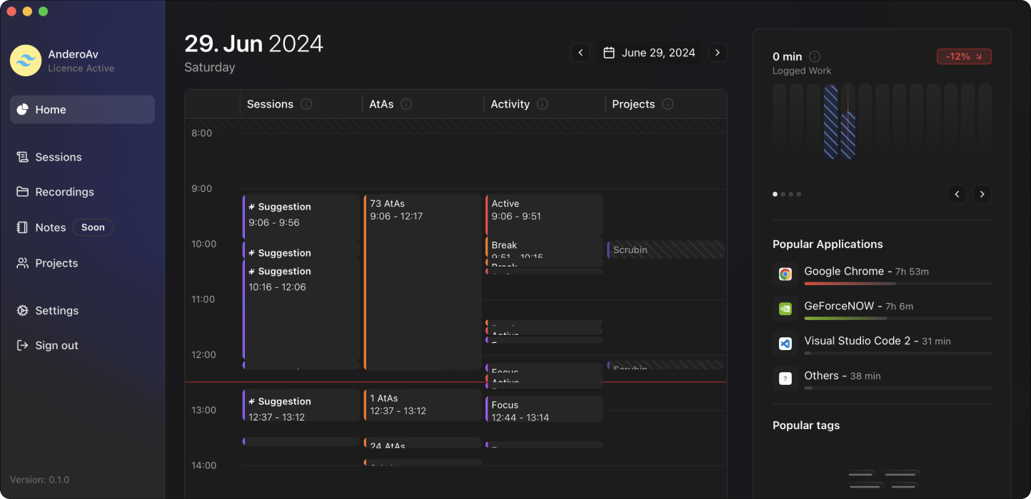 Automatic time tracking software interface